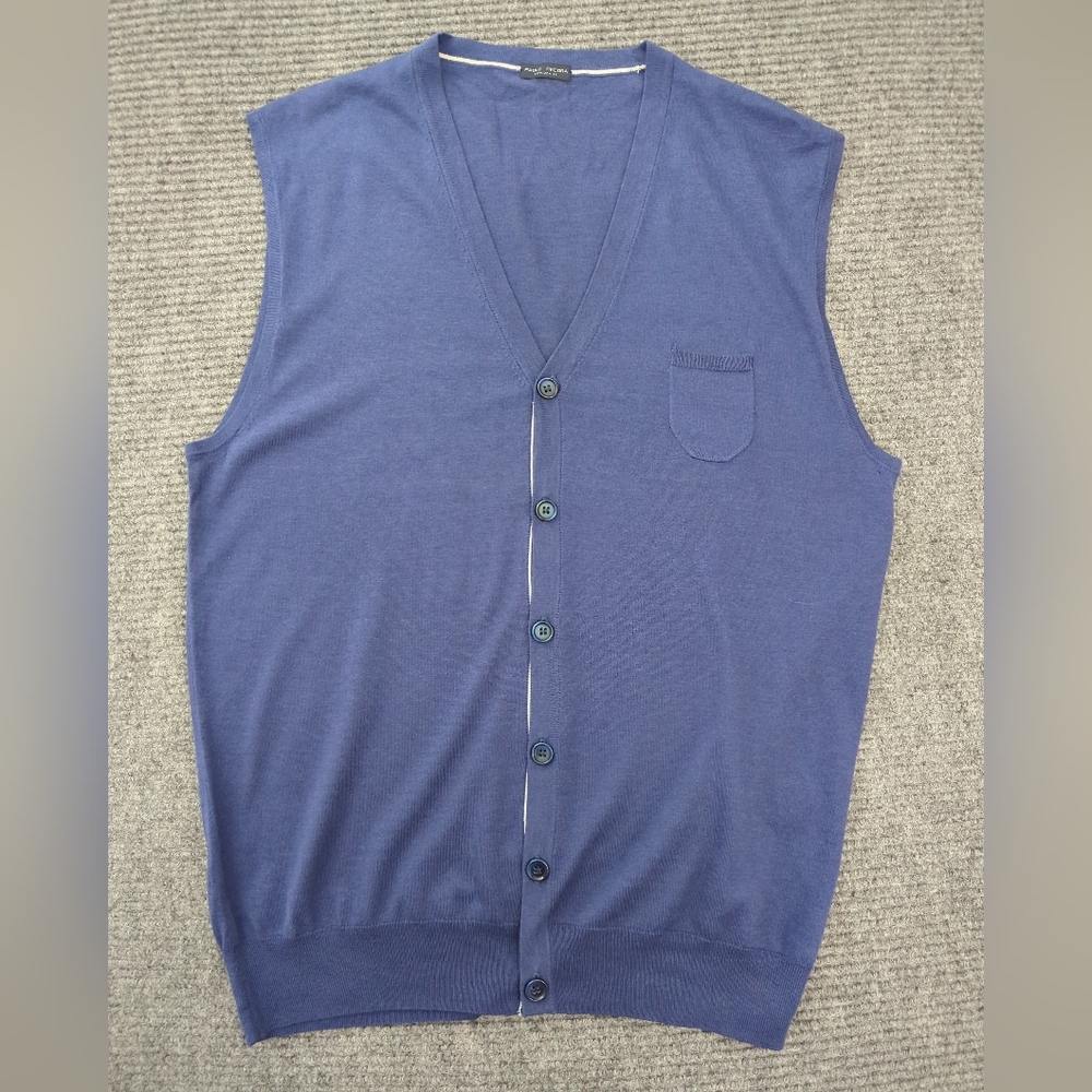 Paolo Pecora Silk/Cotton Designer Vest, Blue, Men’s XL, Luxury, Old Money, Golf